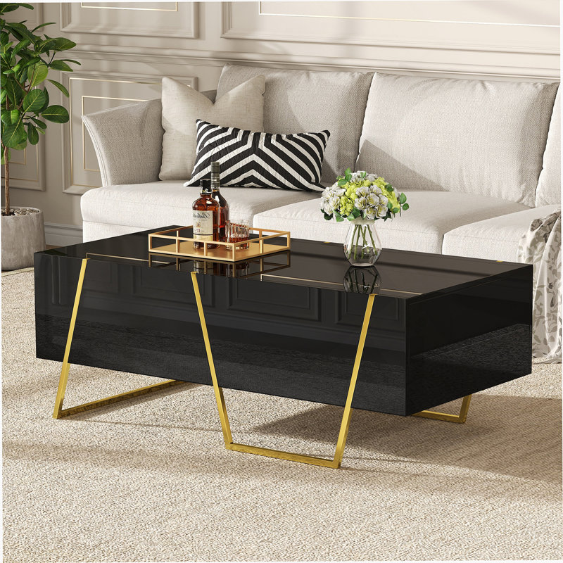 Table basse moderne et ultrabrillante rectangulaire pour le salon avec rangement et base dorée, 4 tiroirs, noir, 47,2 po
