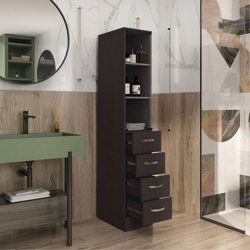 Armoire à linge H 68 po, trois tablettes, quatre tiroirs et poignées en métal