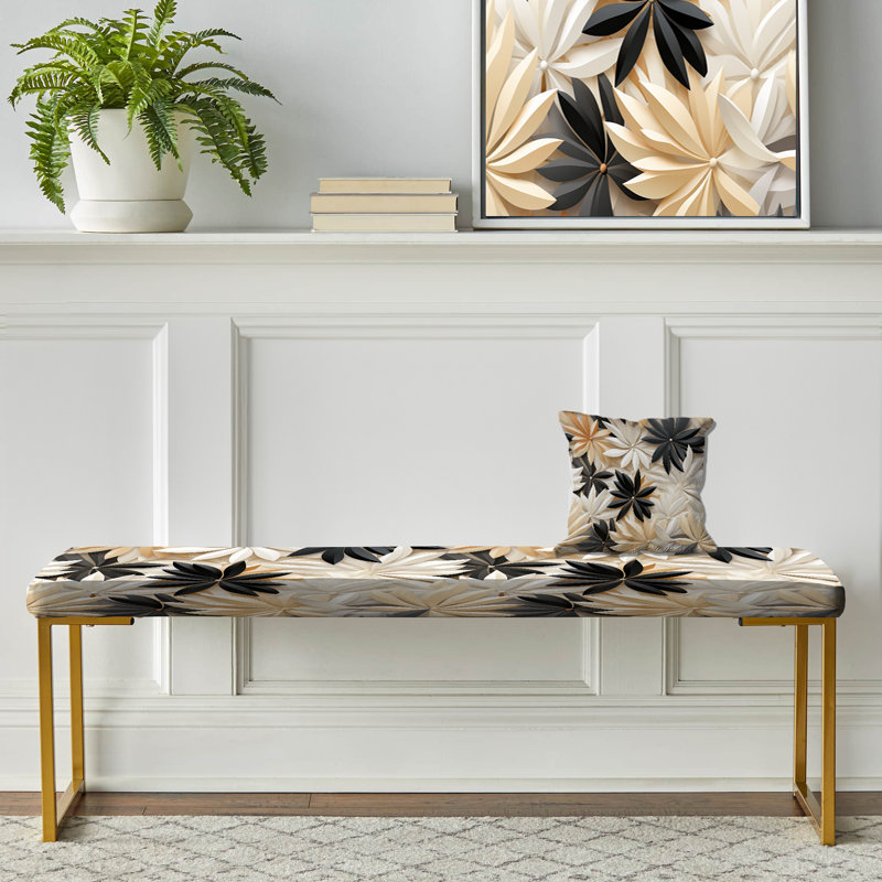 White And Black Minimalist Flowers Serenity - Cottage Upholstered Gold Bench