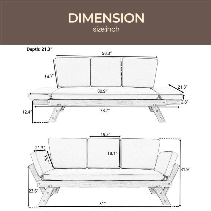Méridienne de patio d'extérieur réglable en bois avec coussins pour petits espaces, Beige