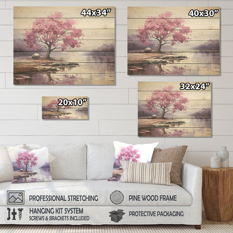 Fleur de cerisier mauve au bord du lac II - Fleur de cerisier sur bois, H 10 po x l 20 po