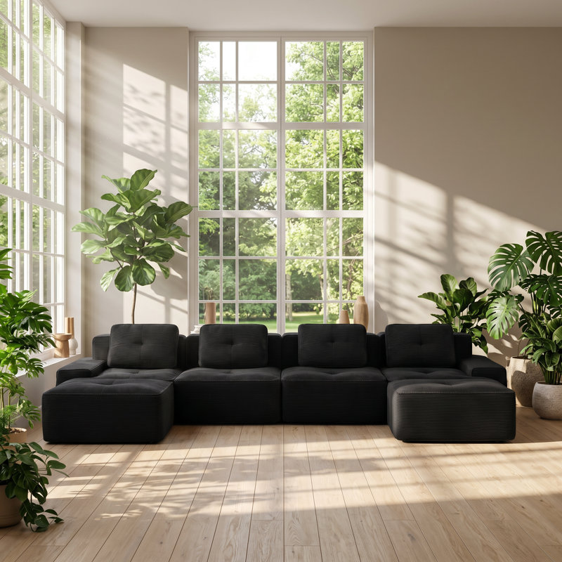 Canapé modulaire 4 places en velours côtelé l 150,4 po x P 69,7 po x H 27,1 po Ailuridae, Black