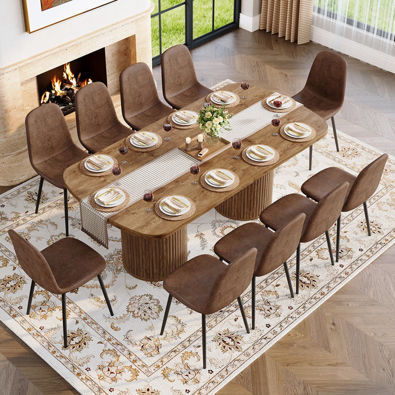 Modern Dining Table Set For 6/8/10 – 79" Dark Wood Dining Table With Dual Pedestal Base & Hidden Storage, Suede Upholstered Chairs, Large Kitchen & Dining Room Set