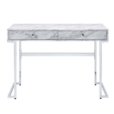 Bureau d'écriture rectangulaire, 2 tiroirs pour ranger les articles de bureau essentiels, plateau en pierre reconstituée blanche, glissière de tiroir latérale en métal, 1/2 extension, espace pour les jambes: l 35 po x l 19 po x P 26 po, dimension 18 po x 15 po x 2 po, glamour et