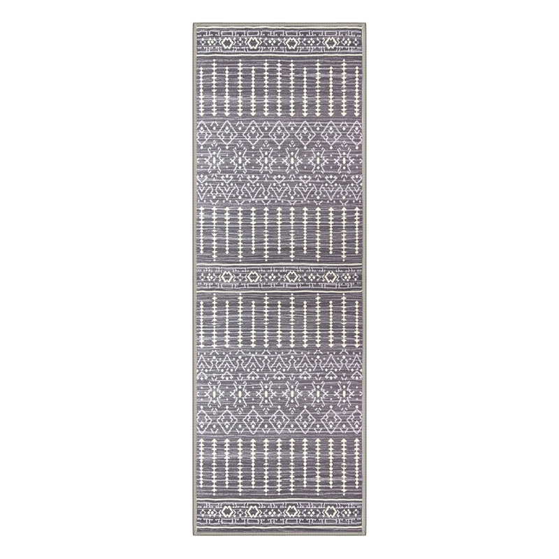 Zemara Boho Machine Washable Grey / Beige Indoor Area Rug with Non-Slip Backing, Runner 2'3" x 6'