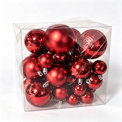 Boules de Noël décoratives pour sapin | Plastique incassable ; double fini lustré et mat ; assortiment de différentes tailles ; anneaux de suspension préenfilés ; boîte-cadeau réutilisable réutilisable ; l