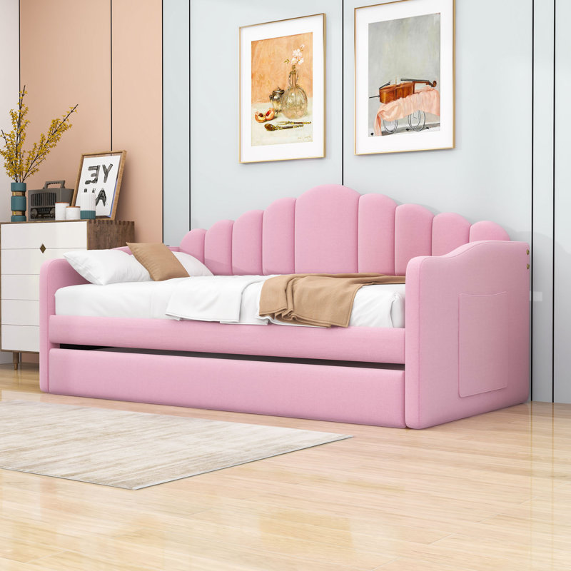 Twin Velvet Upholstered Daybed with Trundle and USB Charging Station, Pink