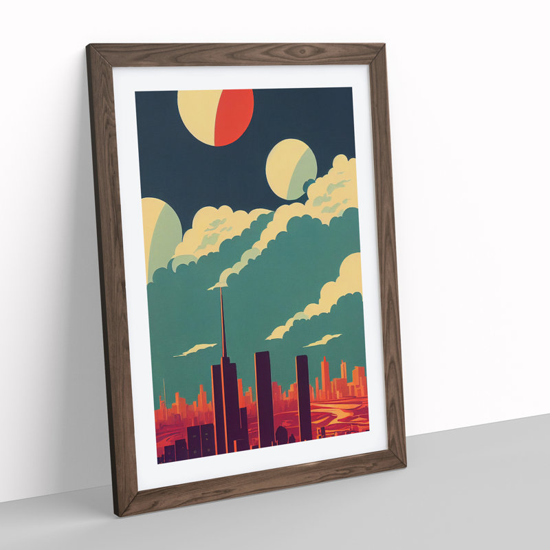 City Skyline Deco No.5 - Single Picture Frame Print, 64cm H x 46cm W x 2cm D, Walnut
