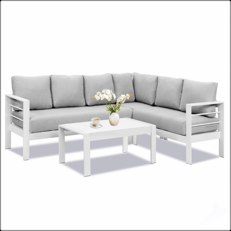 Ensemble de conversation modulaire en aluminium 4 pièces avec canapé d'extérieur 7 places, coussins gris clair épais, structure blanche et table basse