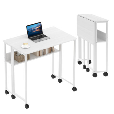 Bureau pliable de 80 cm avec tablette de rangement Table d'ordinateur robuste sur roulettes Bureau d'écriture mobile pour le bureau