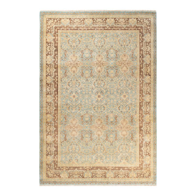 Tapis bleu clair / brun noué à la main de conception unique 6 pi 1 po x 9 pi 1 po Keenan