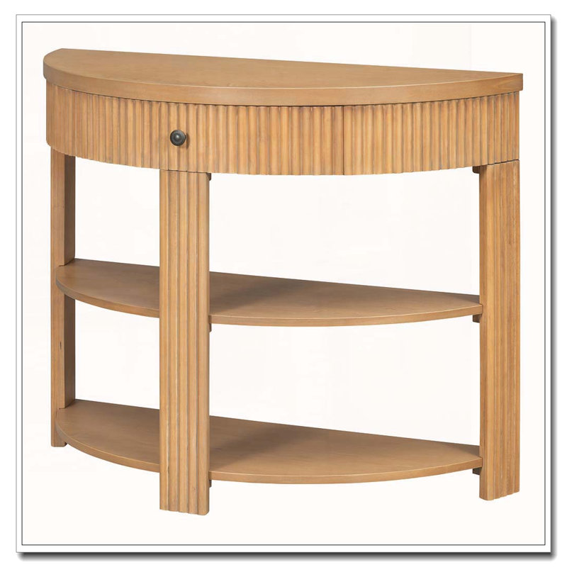 Console cannelée demi-lune avec tiroir et tablettes, Naturel