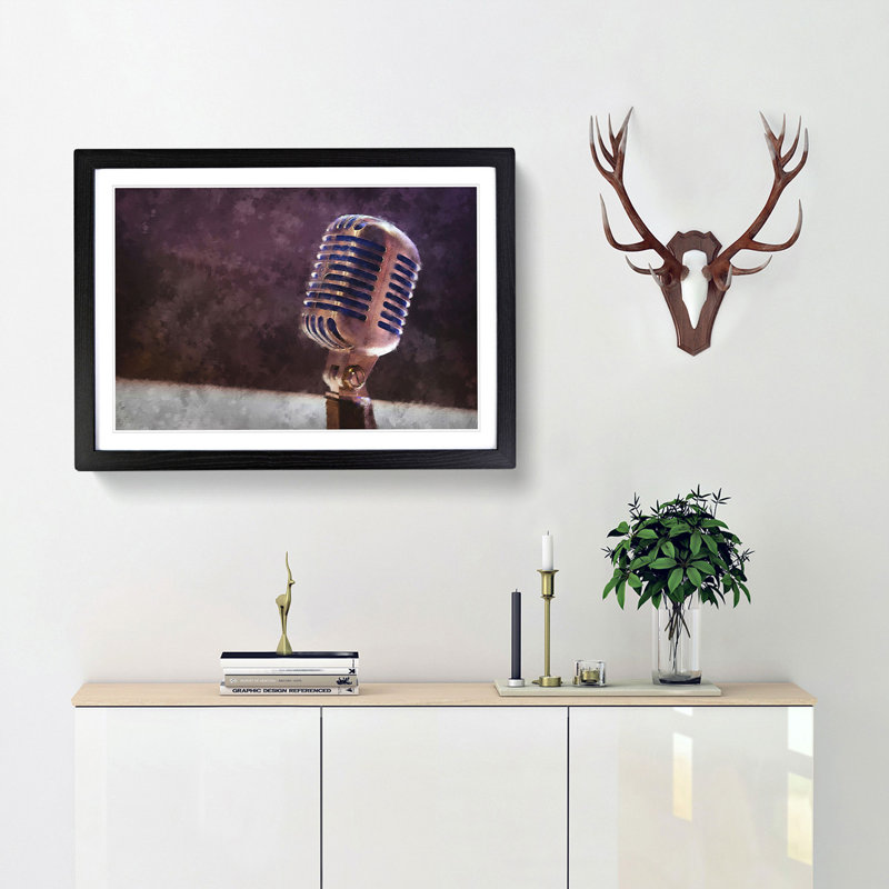 Steel Vocal Microphone - Framed Print, 24cm H x 33cm W x 2cm D, Black Framed