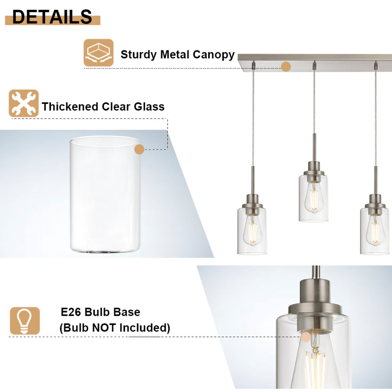Brushed Nickel Pendant Light Fixtures With Clear Glass, 4-Lights Adjustable Height Hanging Ceiling Lights, Kitchen Island Lighting For Living Room Office Bar Farmhouse