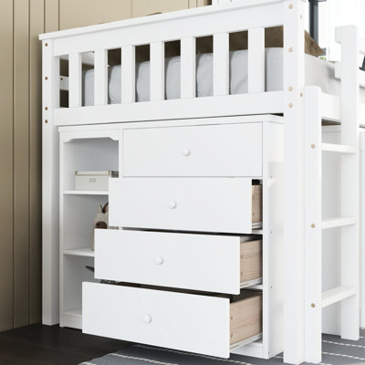 Lit mezzanine simple avec tiroirs fonctionnels de couleur blanche - armoire, tiroir, tablette, bureau