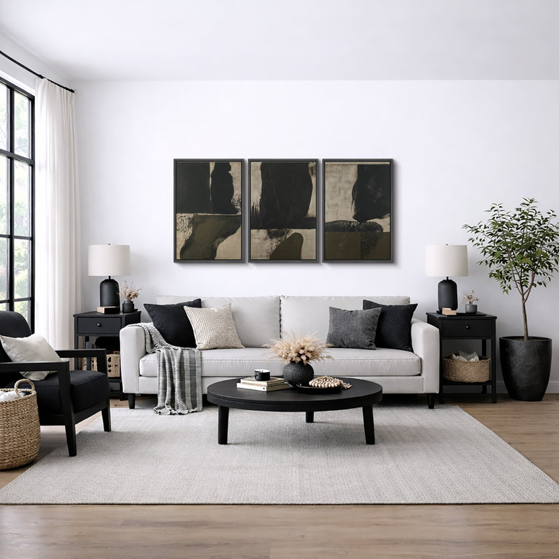 "Black and Olive", art abstrait, images de salon, estampe numérique sur toile encadrée, 3 pièces, Cadre noir