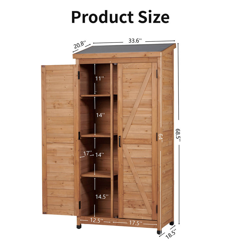 Outdoor Vertical Wooden Storage Shed with Metal Roof - 3-Tier Removable Shelves, Farmhouse Design Tool Cabinet for Garden, Patio & Lawn