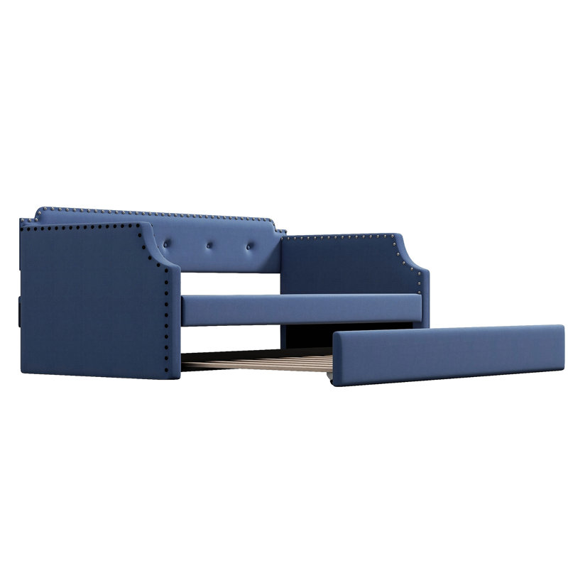 Upholstered Daybed With Trundle, Wood Slat Support,Upholstered Frame Sofa Bed , Twin, Blue