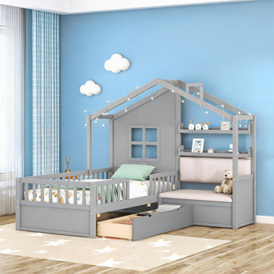 Lit plateforme simple en bois massif gris Playhouse pour chambre d'enfant avec canapé et rangement intégrés