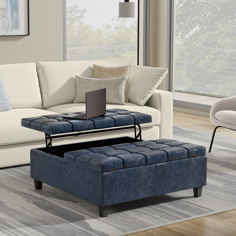 Harrison 40"W Upholstered Transitional Square Lift-Top Ottoman with Sturdy Base, Harrison Blue Faux Leather