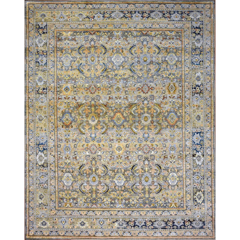 Tapis beige rectangulaire en laine / soie noué à la main, Rectangle 8 pi x 10 pi