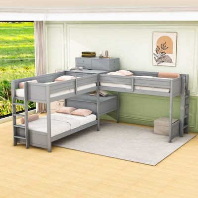 Lit superposé triple en bois avec bureau intégré, ports USB et rangement