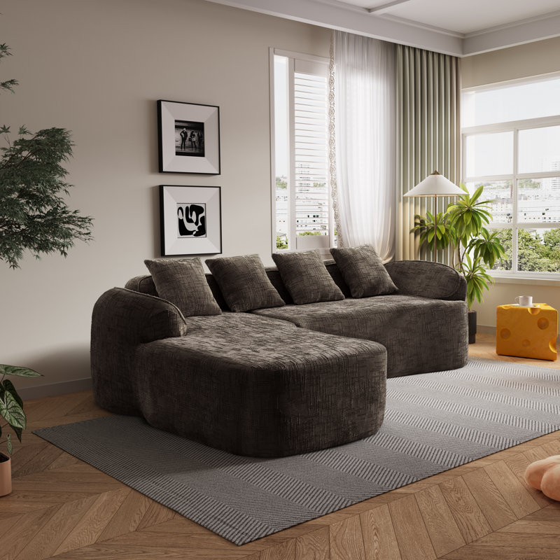 Chenille Boneless L-shaped Sectional Sofa With Curved Armrests And 4 Pillows, , Space-saving Compressed Design, Left-facing