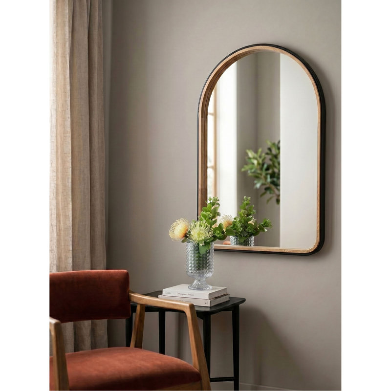 Miroir arqué 23,6 po x 35,4 po à deux tons noir mat et bois naturel