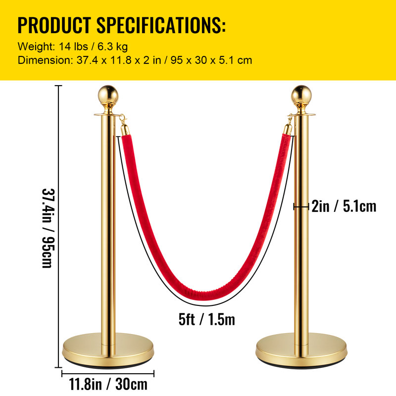 Poteau de guidage avec corde en velours, ensemble de 6 poteaux de contrôle de foule avec 4 cordes en velours rouge de 1,5 m, barrière de séparation de file d'attente en acier inoxydable avec embout sphérique pour événements, musées, fêtes
