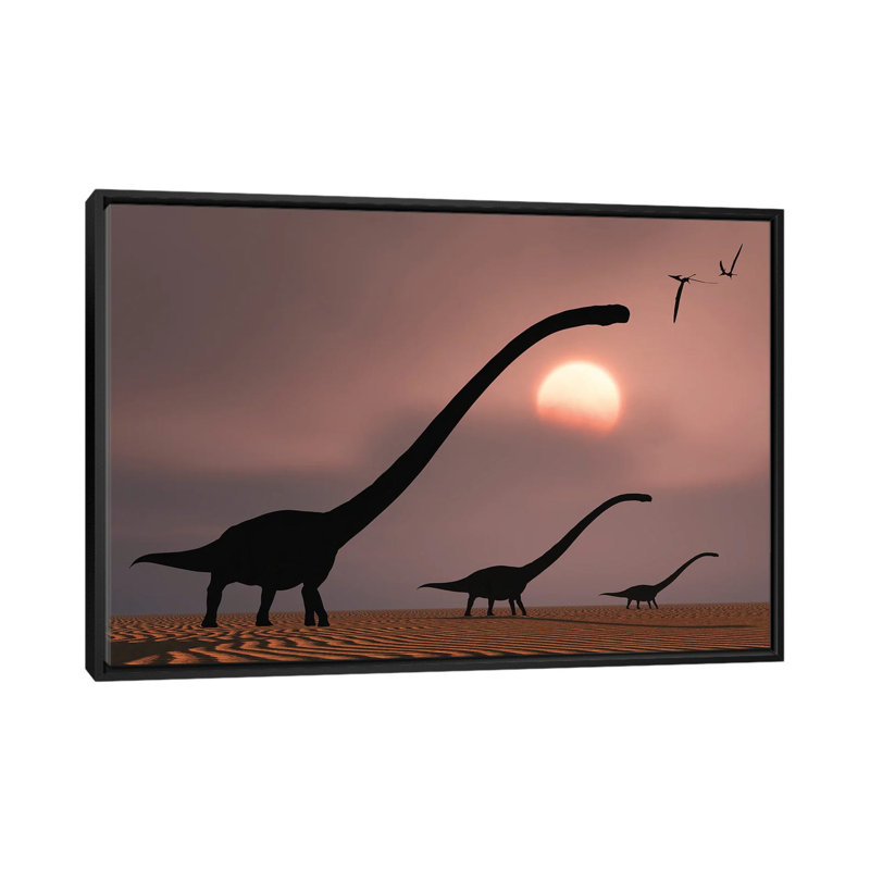 A Herd Of Omeisaurus Dinosaurs Silhouetted Against A Jurassic Sky - Print on Canvas, Brown Framed, 66.04 cm H x 45.72 cm W