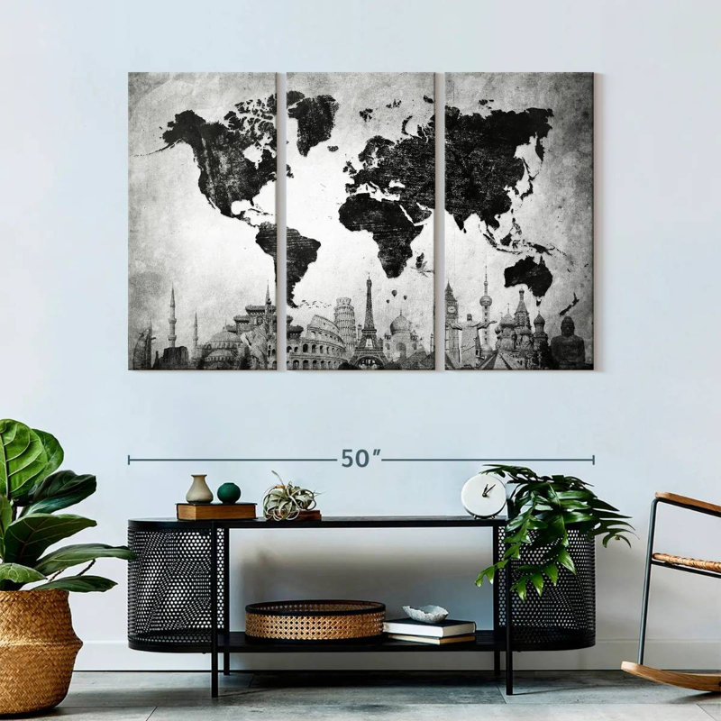 " Charcoal Black World Map " by Finnian P 3 - Pieces, 32" H x 50" W x 1.25"