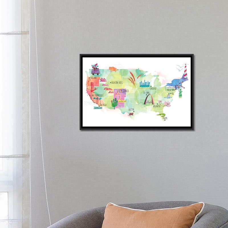 «Map Of The US», impression sur toile, H 32 po x l 48 po x P 1,5 po, Toile avec cadre noir, Blanc