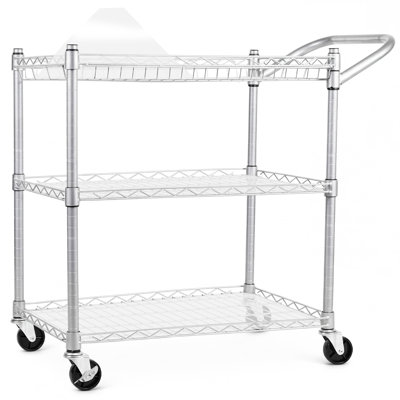 Heavy Duty 3 Tier Rolling Utility Cart, 990 Lbs Load Capacity Metal Serving Cart with Handle & Liners, Lockable Wheels for Kitchen Office Restaurant Silver with 3 Cushions