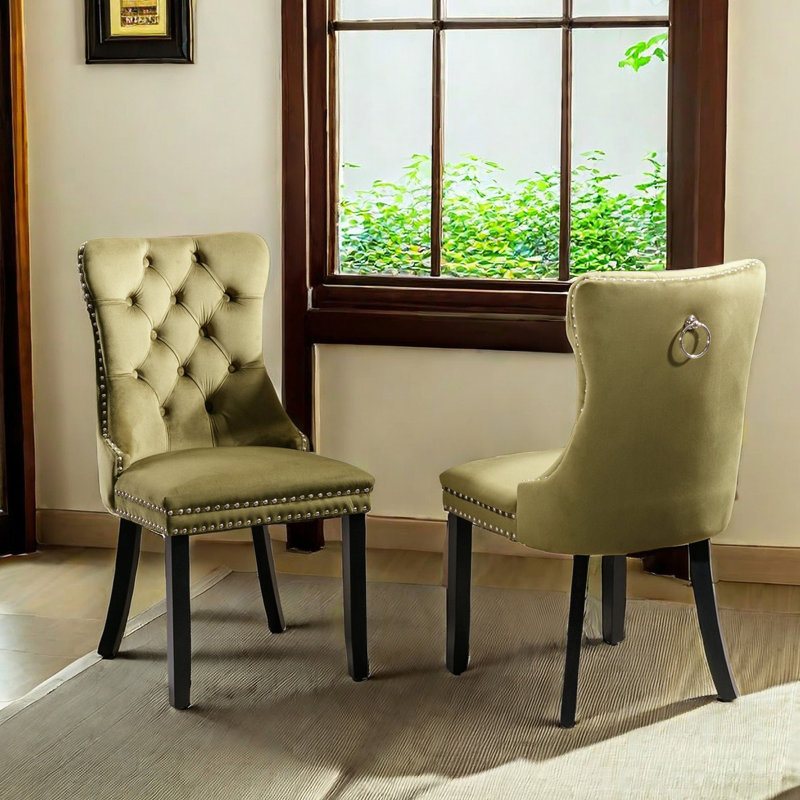 Tufted Velvet Wing Back Side Dining Chairs, Black, Moss Green