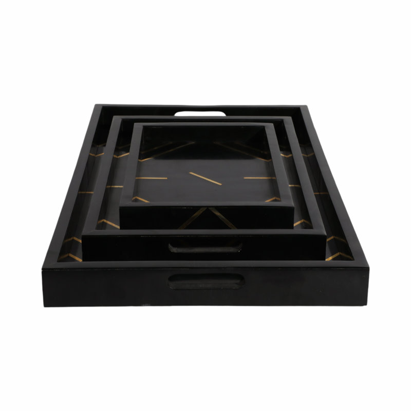 Terrera Serving Tray Set Resin/Wood/Metal Geometric Gold Detailing 24" Wide Black/Gold Finish Home/Office Use Set of 3