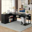 Bureau de direction en L avec armoire de rangement et tablettes, grand bureau d'ordinateur de bureau à domicile industriel, poste de travail professionnel avec meuble pour imprimante et support pour unité centrale