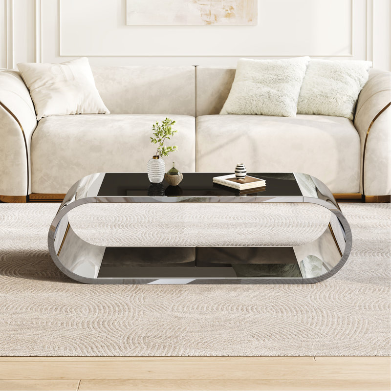 Table basse de 57 po en acier inoxydable argenté avec verre, table basse moderne pour le salon, plateau en verre à 2 niveaux avec design grand espace