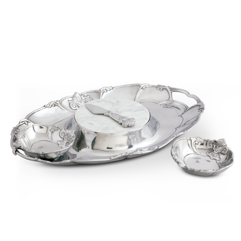 Arthur Court Fleur De Lis Aluminum Oval Serving Tray with Marble Insert