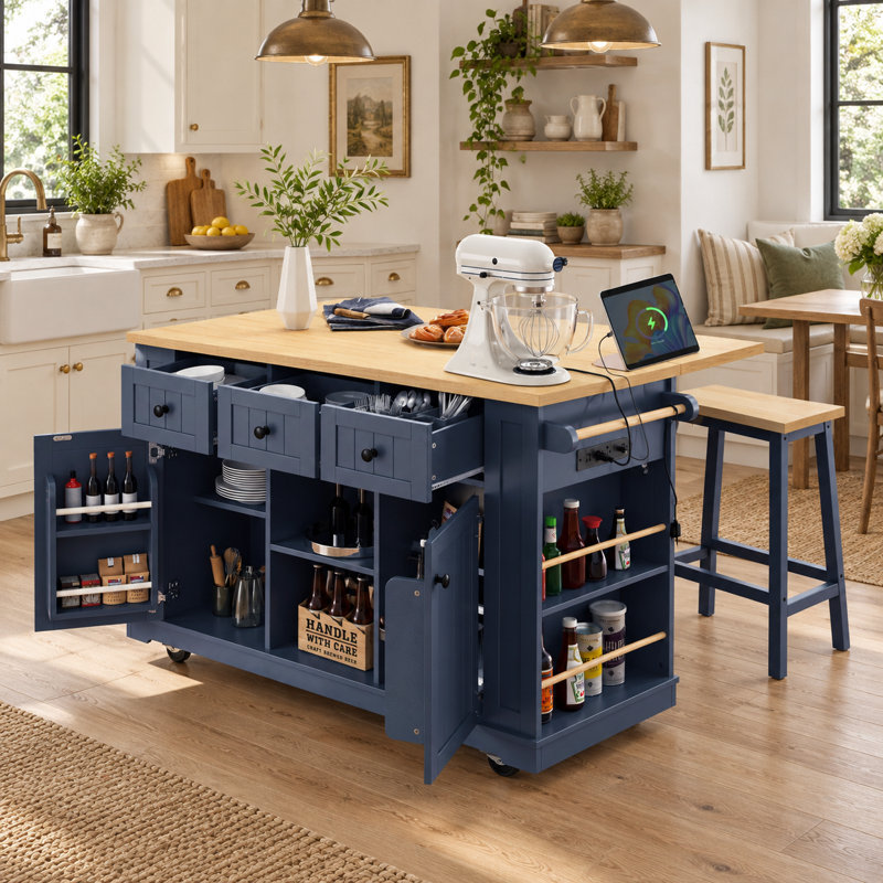 Ensemble îlot de cuisine 3 pièces avec 2 tabourets de bar, abattant, rangement, station de prise électrique et roulettes dissimulées