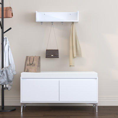 Étagère de hall d'entrée murale avec crochets et banc de rangement, armoire à chaussures blanche moderne avec coussin et rangement fermé pour le couloir, la chambre à coucher ou le vestibule
