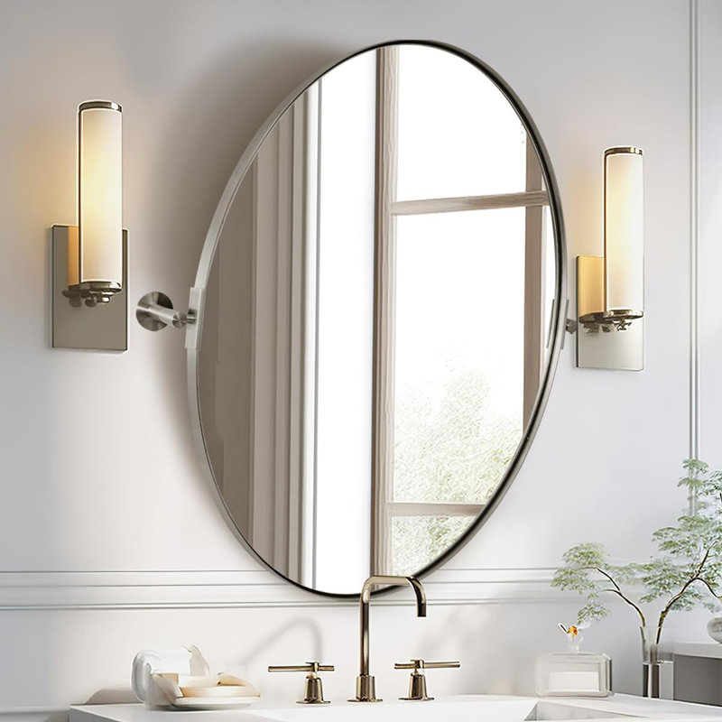  Tilting Oval Bathroom Vanity Wall Mirror | Adjustable Pivot Stainless Steel Frame, Brushed Nickel, 34" x 22"