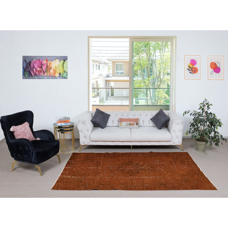 Tapis moderne 4,7 x 8 pi orange, tissé et noué à la main en Turquie