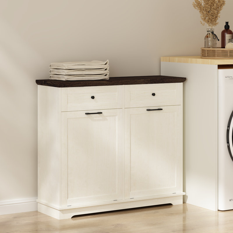 Armoire à poubelle double inclinable 20 gallons, armoire de recyclage autoportante en bois blanc antique avec tiroir dissimulé, support de poubelle à l'épreuve des animaux de compagnie pour le salon de la cuisine