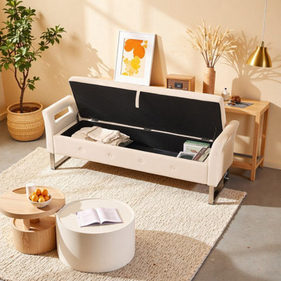 Banc de rangement souple en velours de 67,91 po de largeur avec accoudoirs - Banc de rangement beige pour le salon, l'entrée et la chambre à coucher