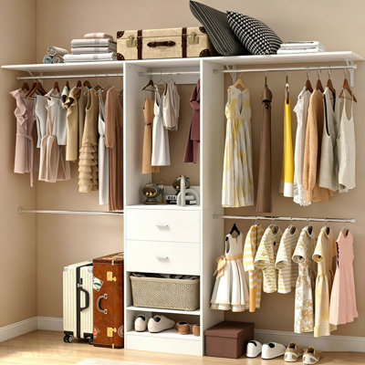 Closet System, Walk-In Organizer With 2 Drawers & 5 Expandable Rods, Adjustable 4–9ft, White