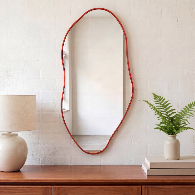 Everly 20 in. W x 42 in. H Large Irregular Framed Decorative Wall Mirror, Asymmetrical Wavy, Red, Red