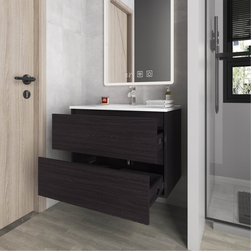 Meuble-lavabo flottant avec deux tiroirs et lavabo Wengue