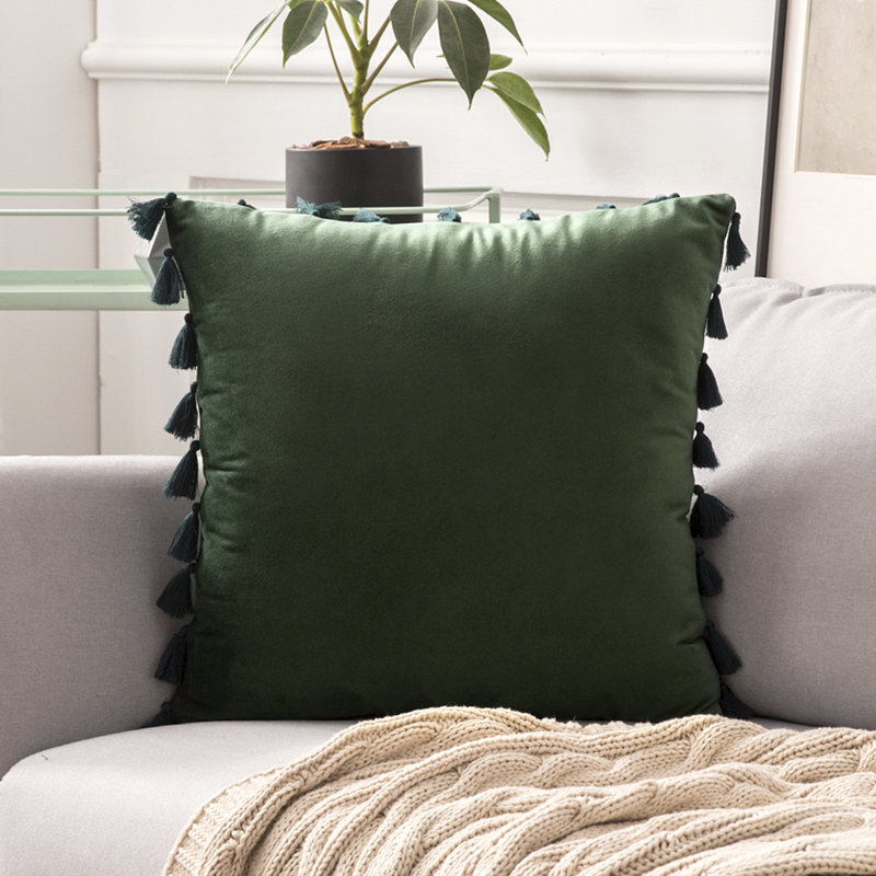 Tassels Velvet Reversible Throw Pillow, 18 x 18, Dark Green, Pillow Cover Only - No Insert