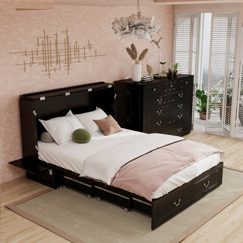 Grand lit escamotable avec tiroirs, blanc
