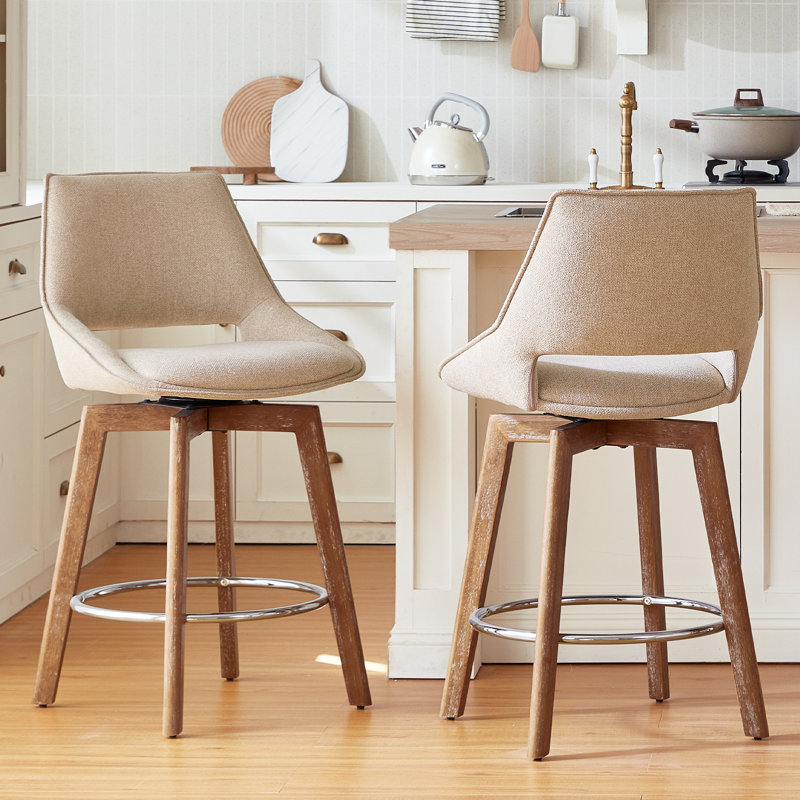 Swivel Counter Height Bar Stools, 27'' Bar Stools Set of 4, Solid Wood Legs, Comfortable Fabric, Suitable for Kitchen Islands